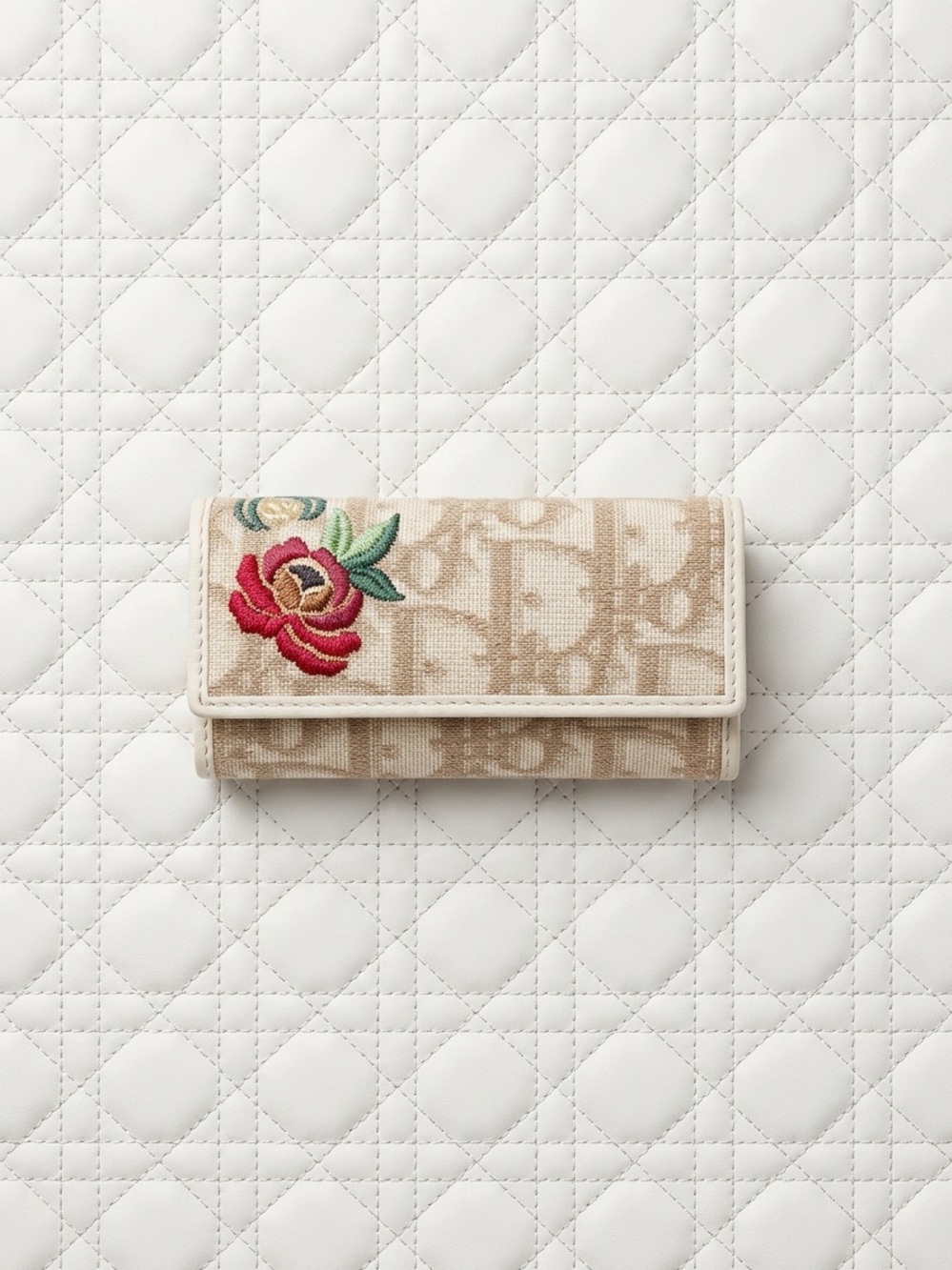 Dior Beige Canvas Keycase with Embroidered Red Rose